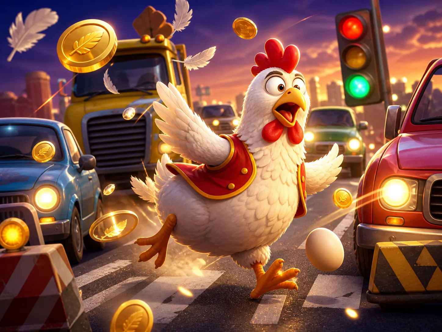 Promotional artwork for Chicken Road slot game, featuring a funny chicken character on a road with eggs and feathers in play.