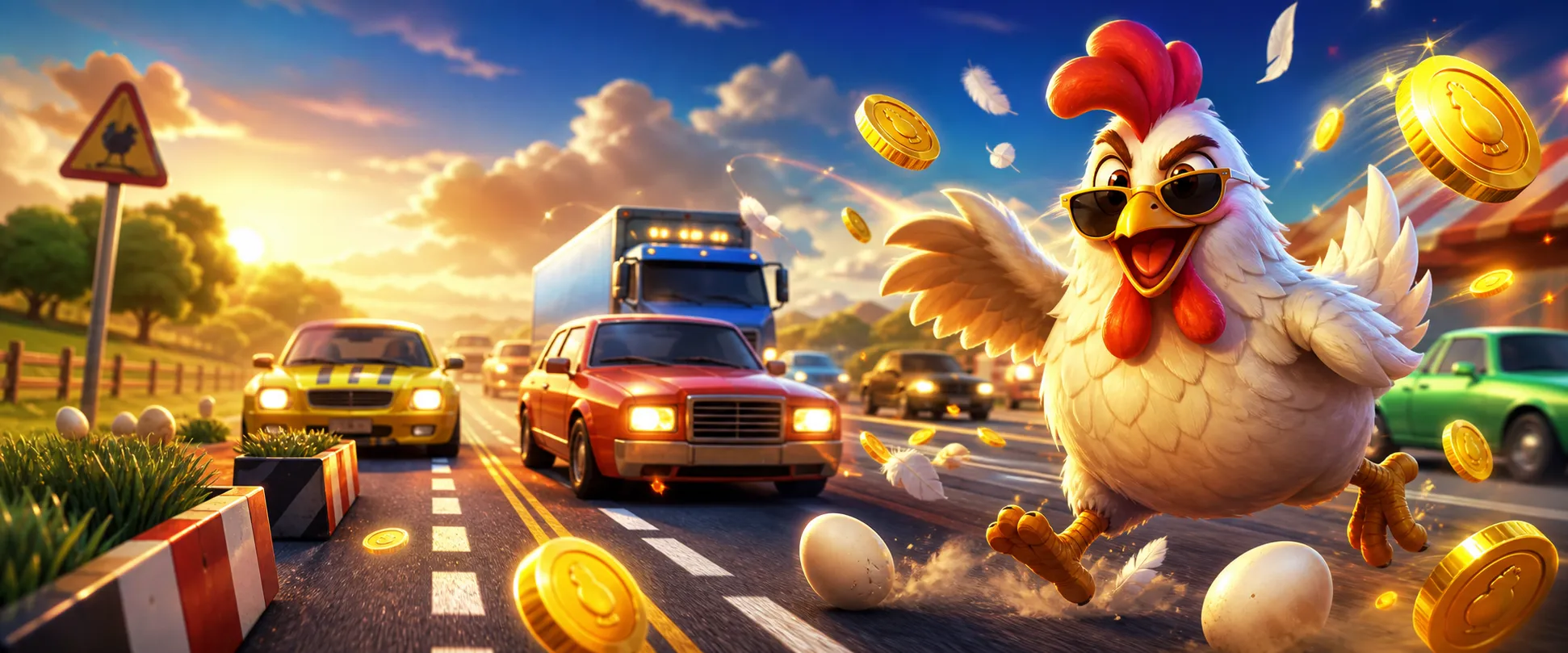 Hero image of a confident chicken crossing multiple road lanes with traffic, eggs, and coins in a dynamic game setting.