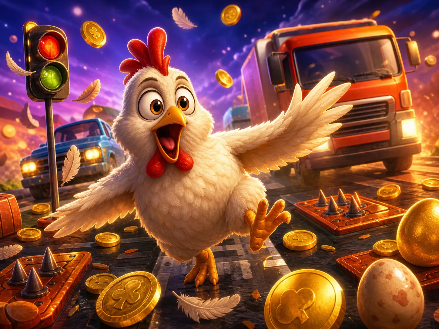 Funny chicken character crossing a busy road with traffic lanes and feathers scattered, capturing the energetic theme of the 